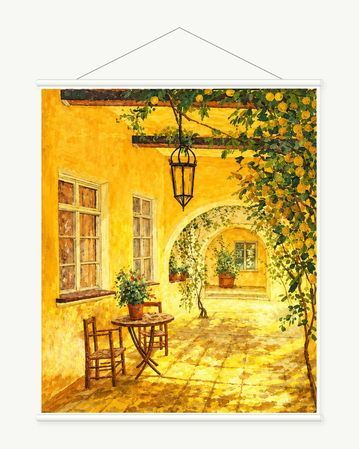 Amber Courtyard art print with included white cylindrical hanging rods