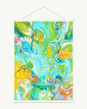 Aqua Bloom art print with included white cylindrical hanging rods