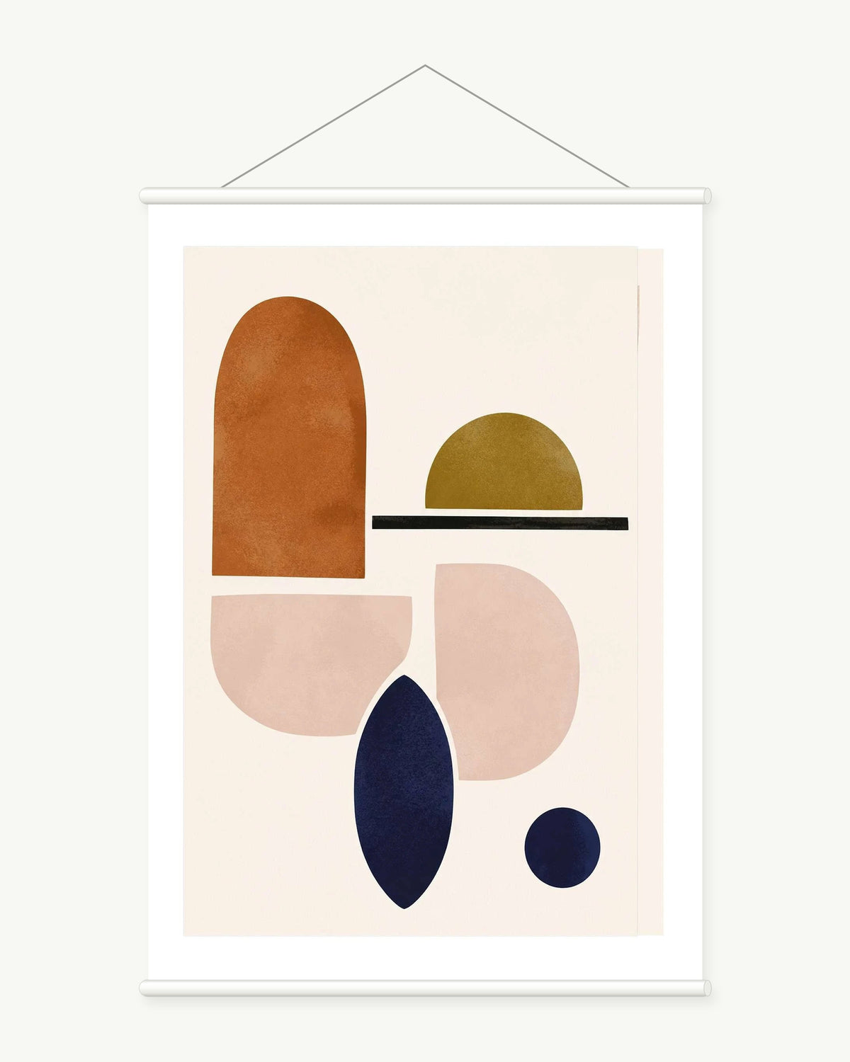 Balanced Forms art print with included white cylindrical hanging rods
