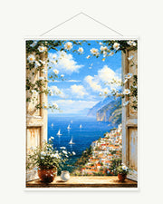 Balcony Above the Sea art print with included white cylindrical hanging rods