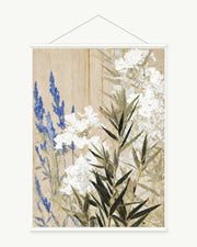 Bamboo and Blossom art print with included white cylindrical hanging rods