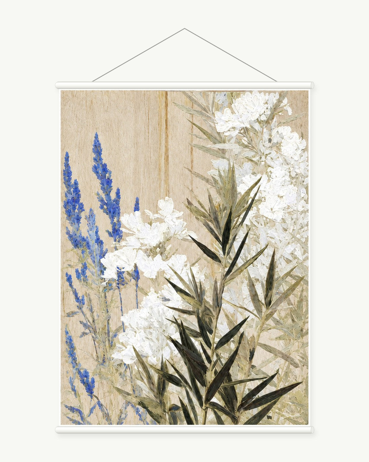 Bamboo and Blossom art print with included white cylindrical hanging rods