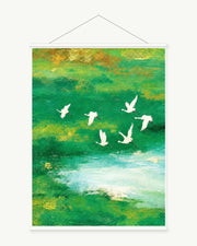 Birds Over Green Water art print with included white cylindrical hanging rods