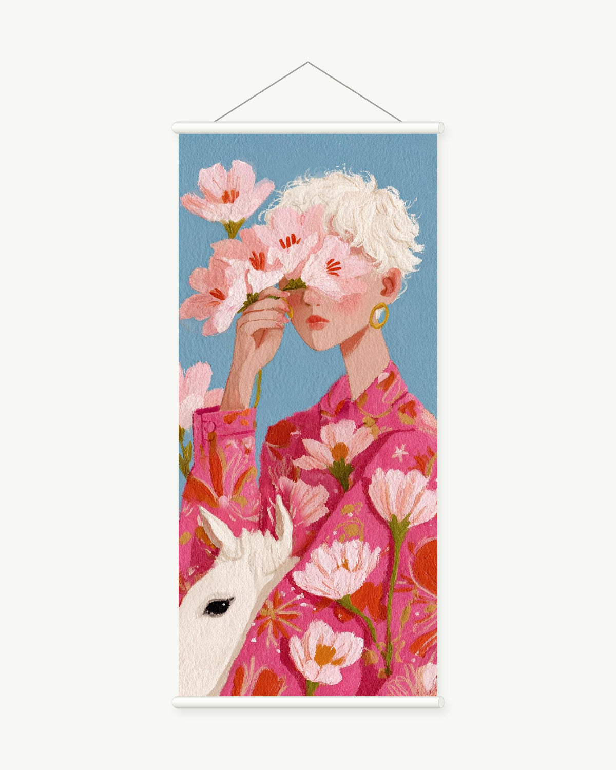 Blossom Whisper art print with included white cylindrical hanging rods