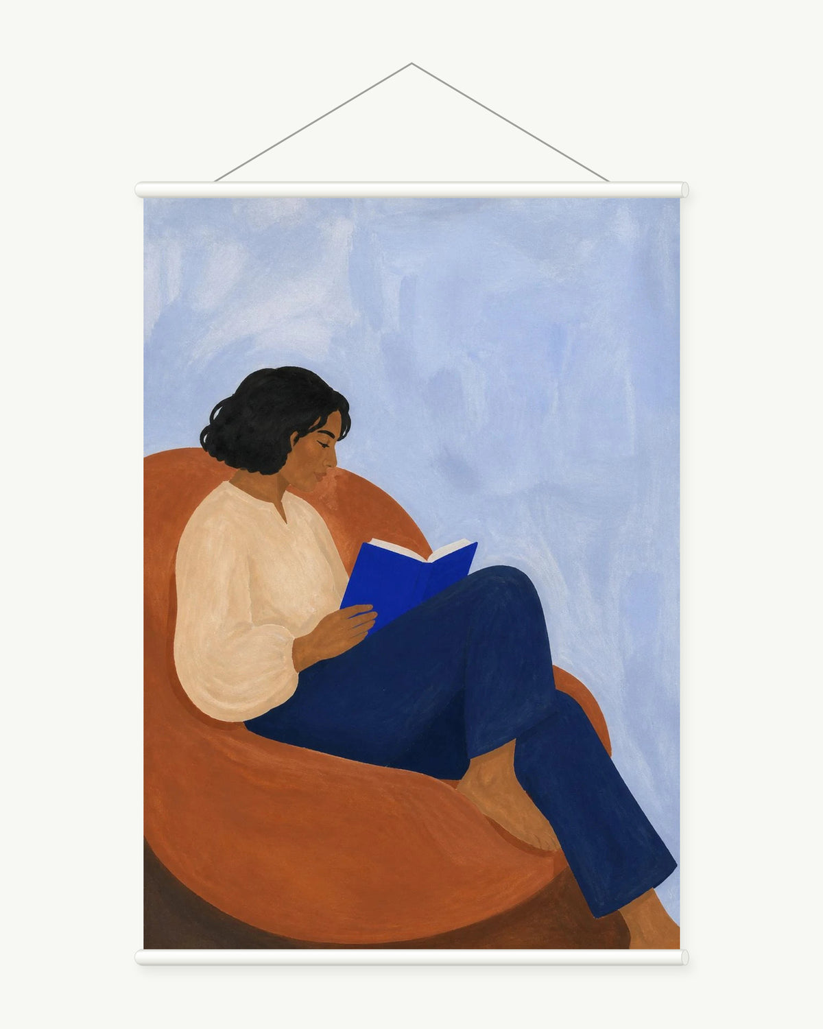 Blue Book Afternoon art print with included white cylindrical hanging rods