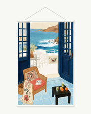 Blue Door to the Sea art print with included white cylindrical hanging rods