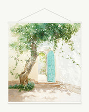 Blue Door Under Vines art print with included white cylindrical hanging rods