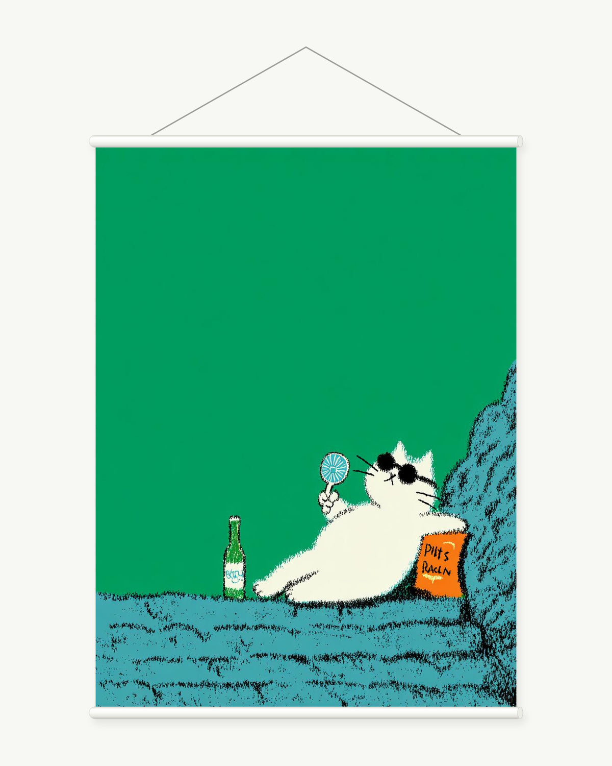 Blue Hour Picnic art print with included white cylindrical hanging rods