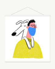 Blue Scarf Stroll art print with included white cylindrical hanging rods