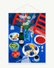 Blue Table Feast art print with included white cylindrical hanging rods