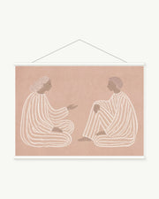 Blush Conversation art print with included white cylindrical hanging rods