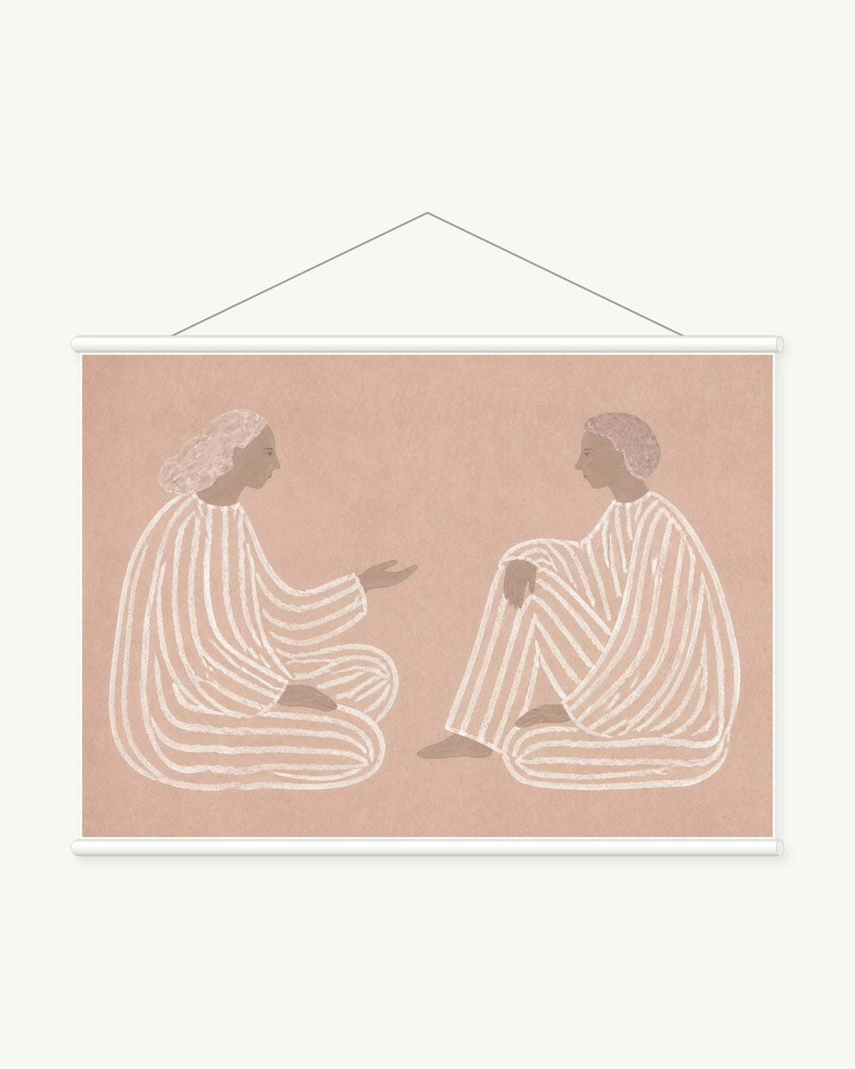 Blush Conversation art print with included white cylindrical hanging rods
