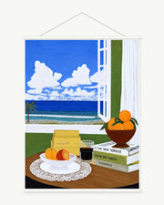 Books by the Blue Window art print with included white cylindrical hanging rods