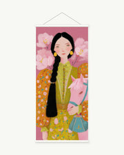 Braided Spring art print with included white cylindrical hanging rods