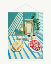 Breakfast in Striped Light art print with included white cylindrical hanging rods