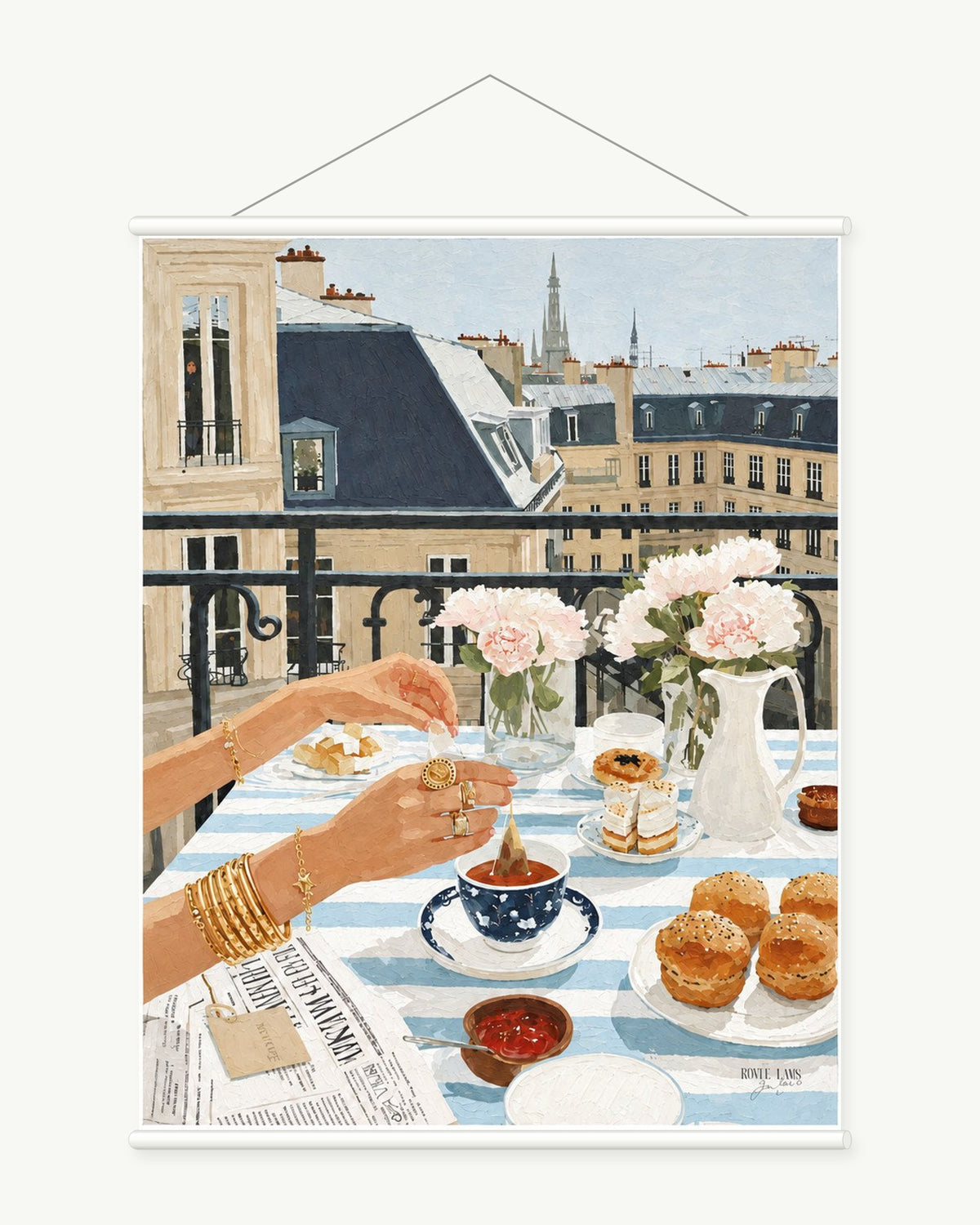Breakfast Over the City art print with included white cylindrical hanging rods