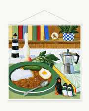 Breakfast Table Companions art print with included white cylindrical hanging rods