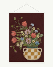Burgundy Bouquet art print with included white cylindrical hanging rods
