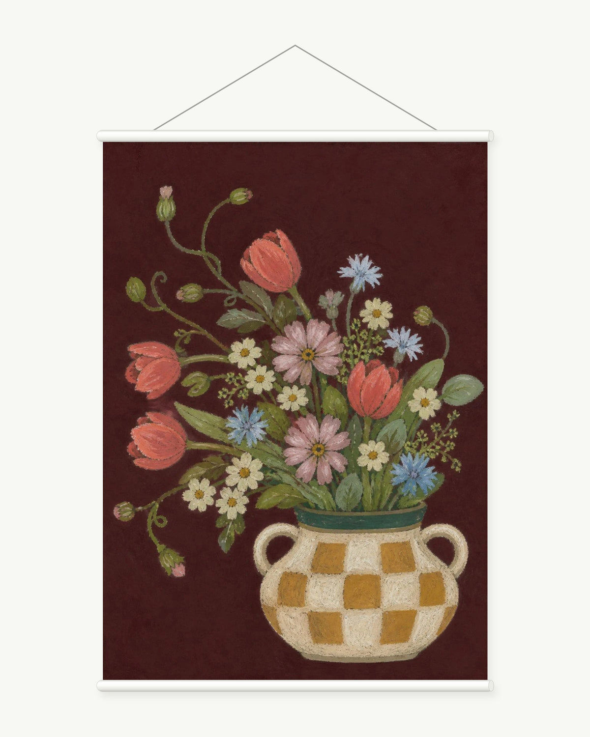 Burgundy Bouquet art print with included white cylindrical hanging rods
