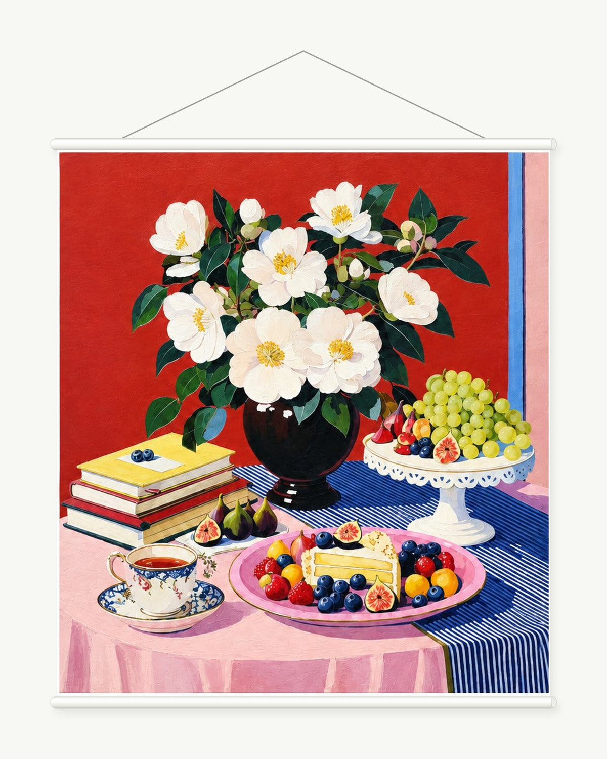 Camellias on the Table art print with included white cylindrical hanging rods