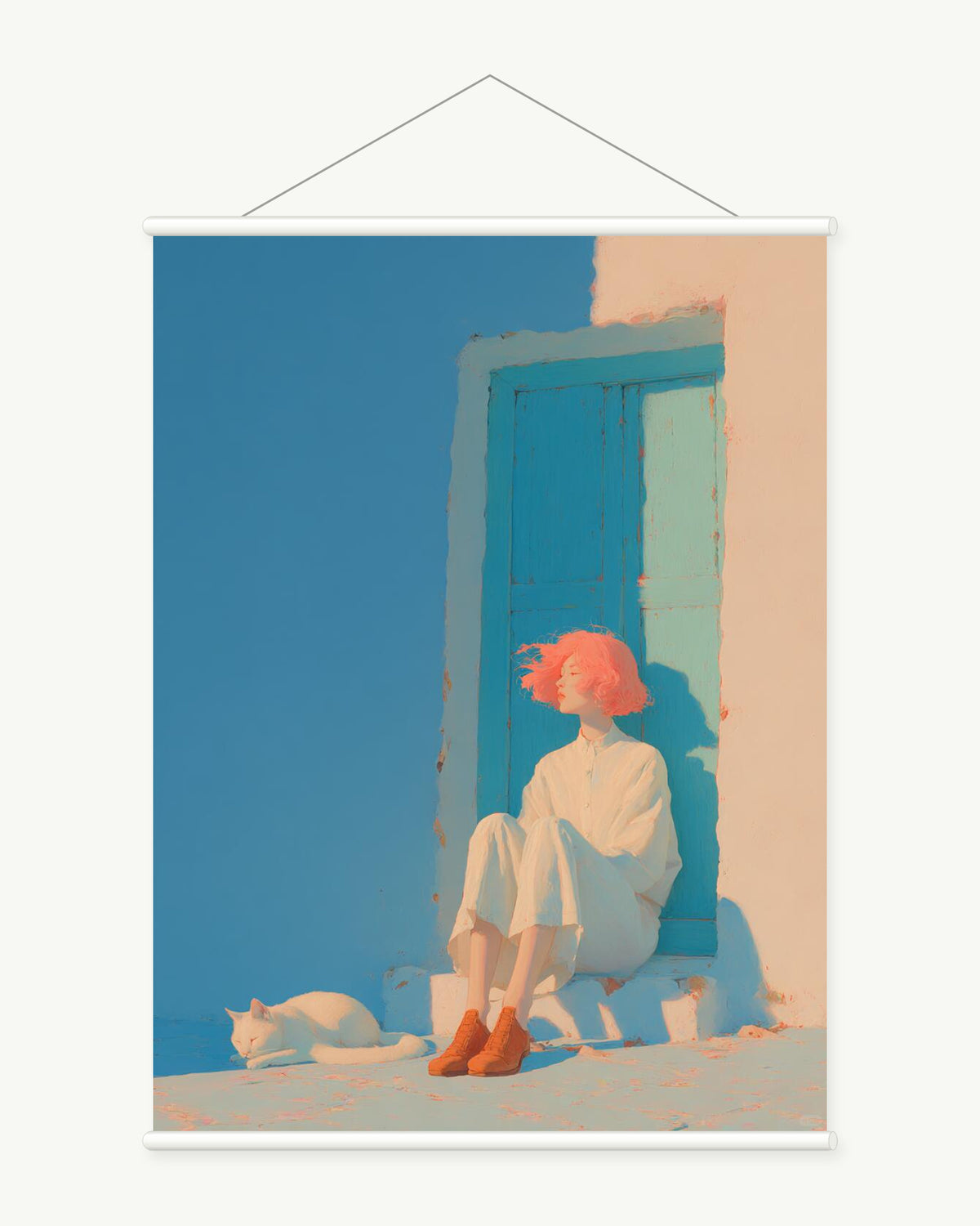 Cat at the Blue Door art print with included white cylindrical hanging rods