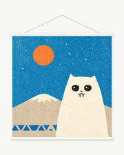Cat Beneath the Mountain Moon art print with included white cylindrical hanging rods