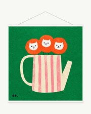 Cats in the Teapot art print with included white cylindrical hanging rods