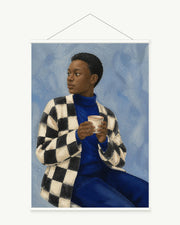 Checkered Calm art print with included white cylindrical hanging rods