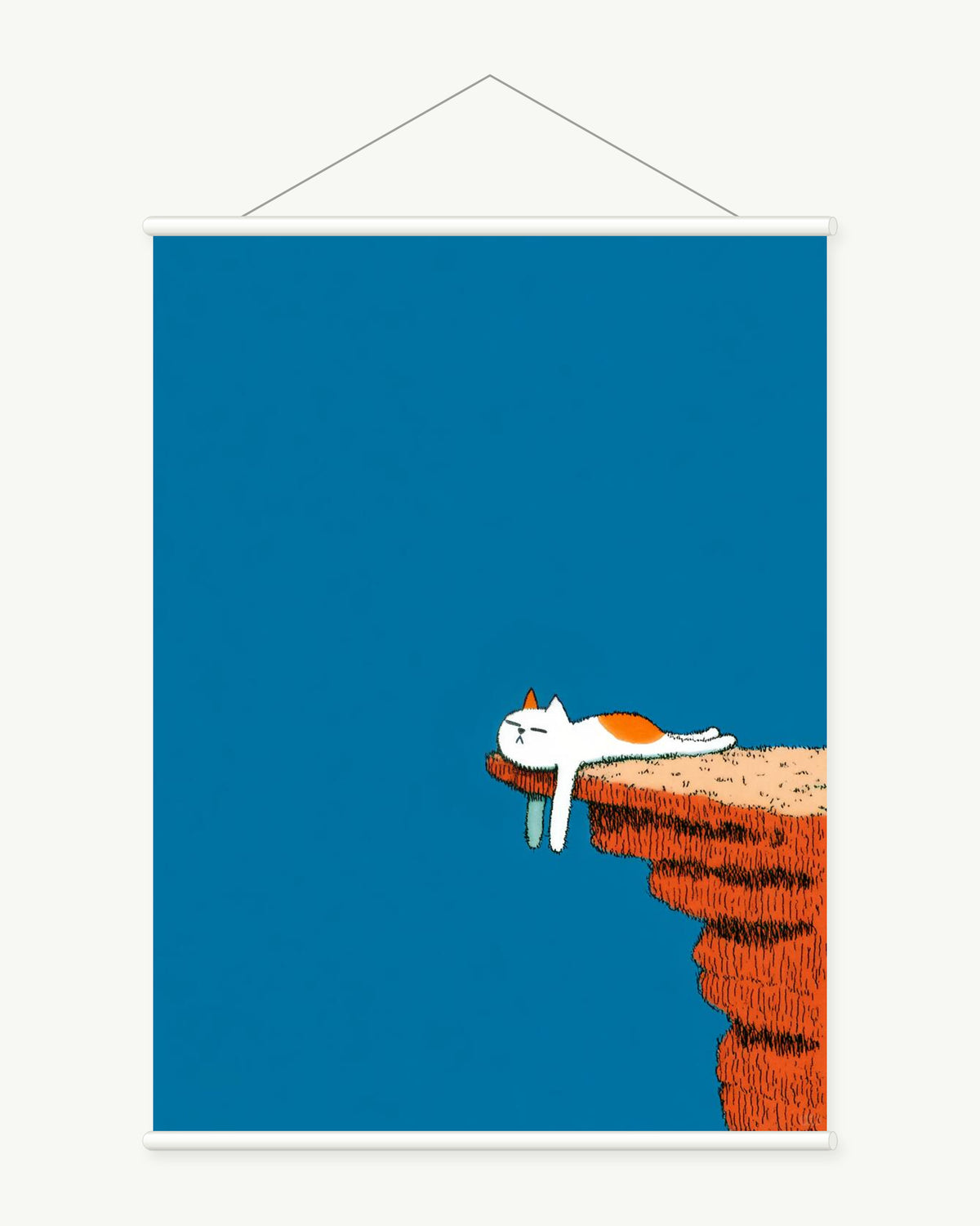 Cliffside Nap art print with included white cylindrical hanging rods