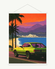 Coast at Sundown art print with included white cylindrical hanging rods