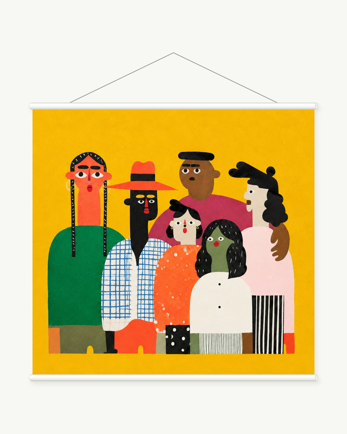 Colourful Company art print with included white cylindrical hanging rods