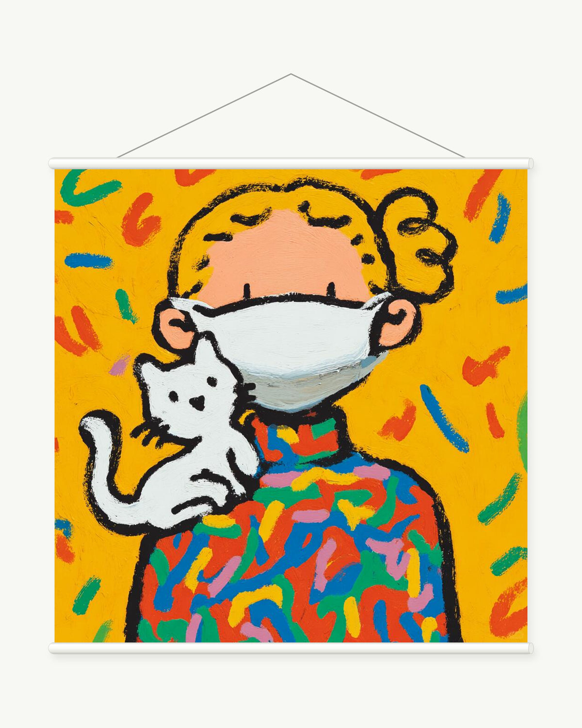 Confetti Masked Friends art print with included white cylindrical hanging rods