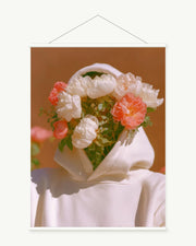 Coral Bloom Veil art print with included white cylindrical hanging rods