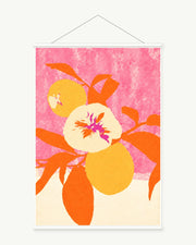 Coral Pansies art print with included white cylindrical hanging rods
