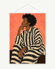 Coral Stripe Pause art print with included white cylindrical hanging rods