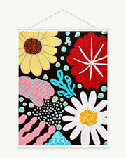 Crimson Garden Pattern art print with included white cylindrical hanging rods