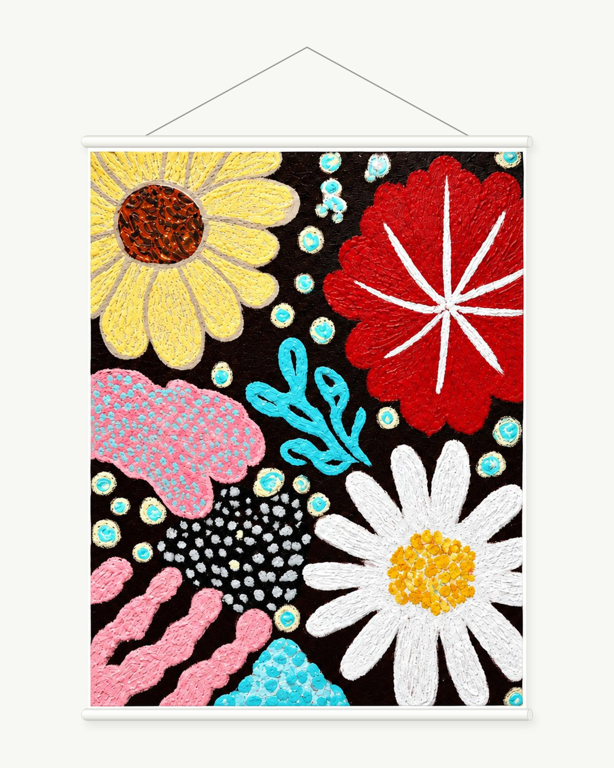 Crimson Garden Pattern art print with included white cylindrical hanging rods