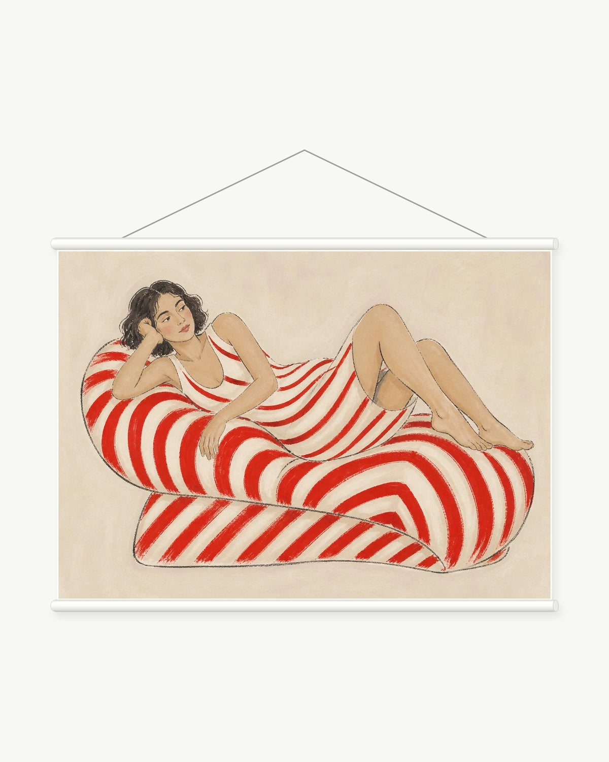 Crimson Striped Rest art print with included white cylindrical hanging rods