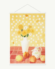Daisies in a Yellow Room art print with included white cylindrical hanging rods