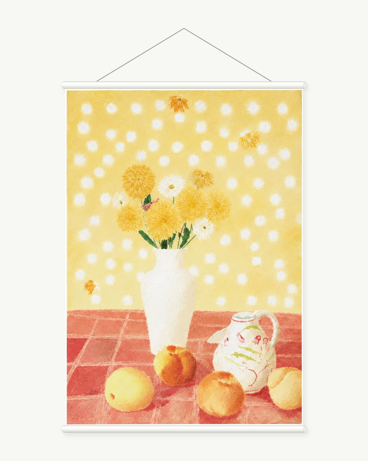 Daisies in a Yellow Room art print with included white cylindrical hanging rods