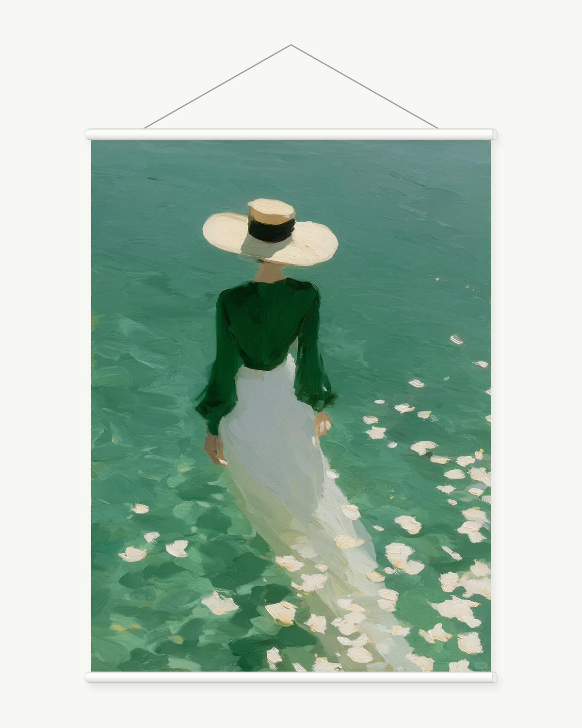 Deep Green Crossing art print with included white cylindrical hanging rods