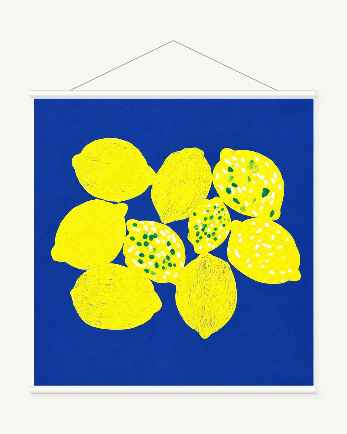 Electric Lemons art print with included white cylindrical hanging rods