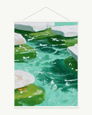 Emerald Ripples art print with included white cylindrical hanging rods