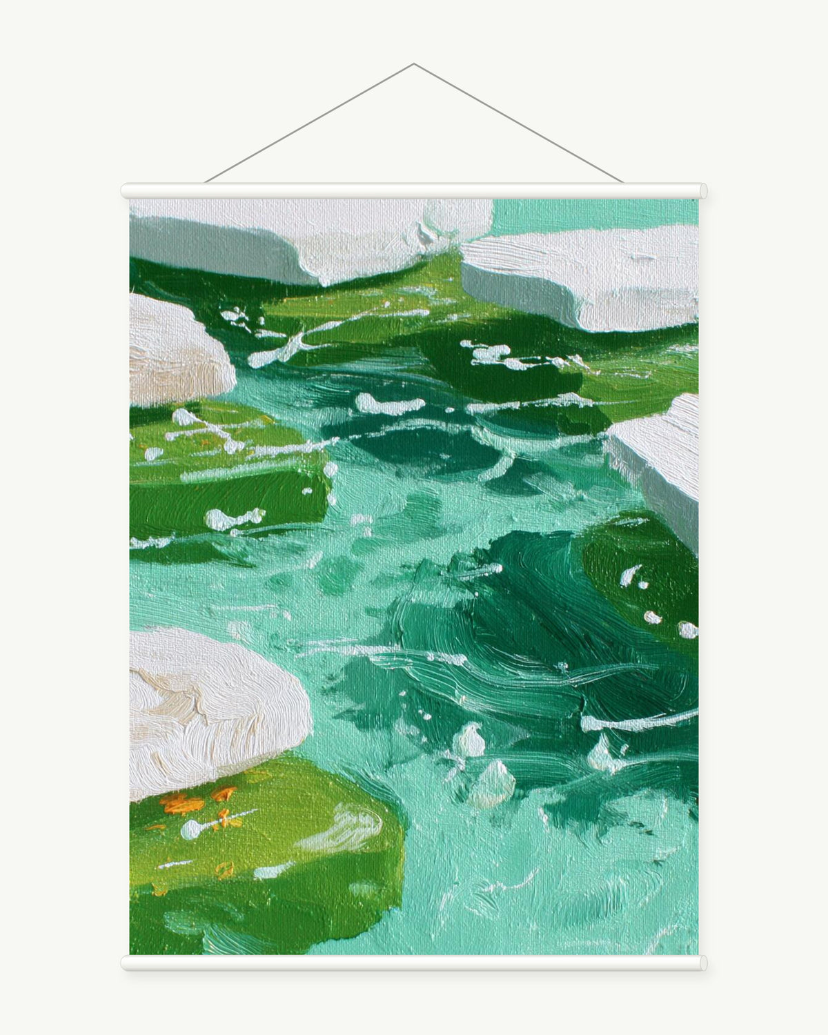 Emerald Ripples art print with included white cylindrical hanging rods