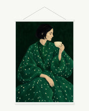 Emerald Tea art print with included white cylindrical hanging rods