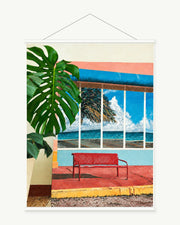 Empty Bench by the Sea art print with included white cylindrical hanging rods