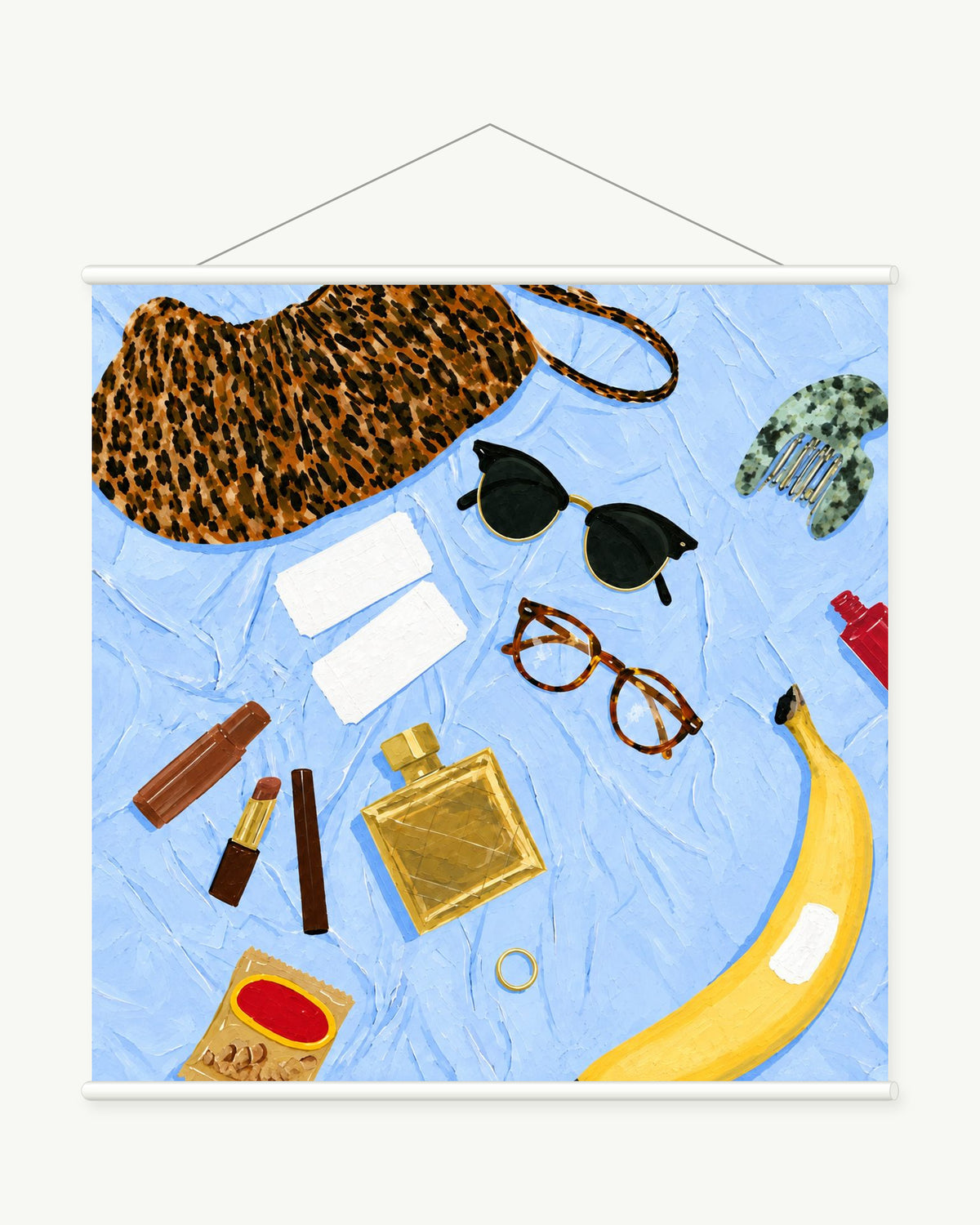 Everyday Essentials art print with included white cylindrical hanging rods