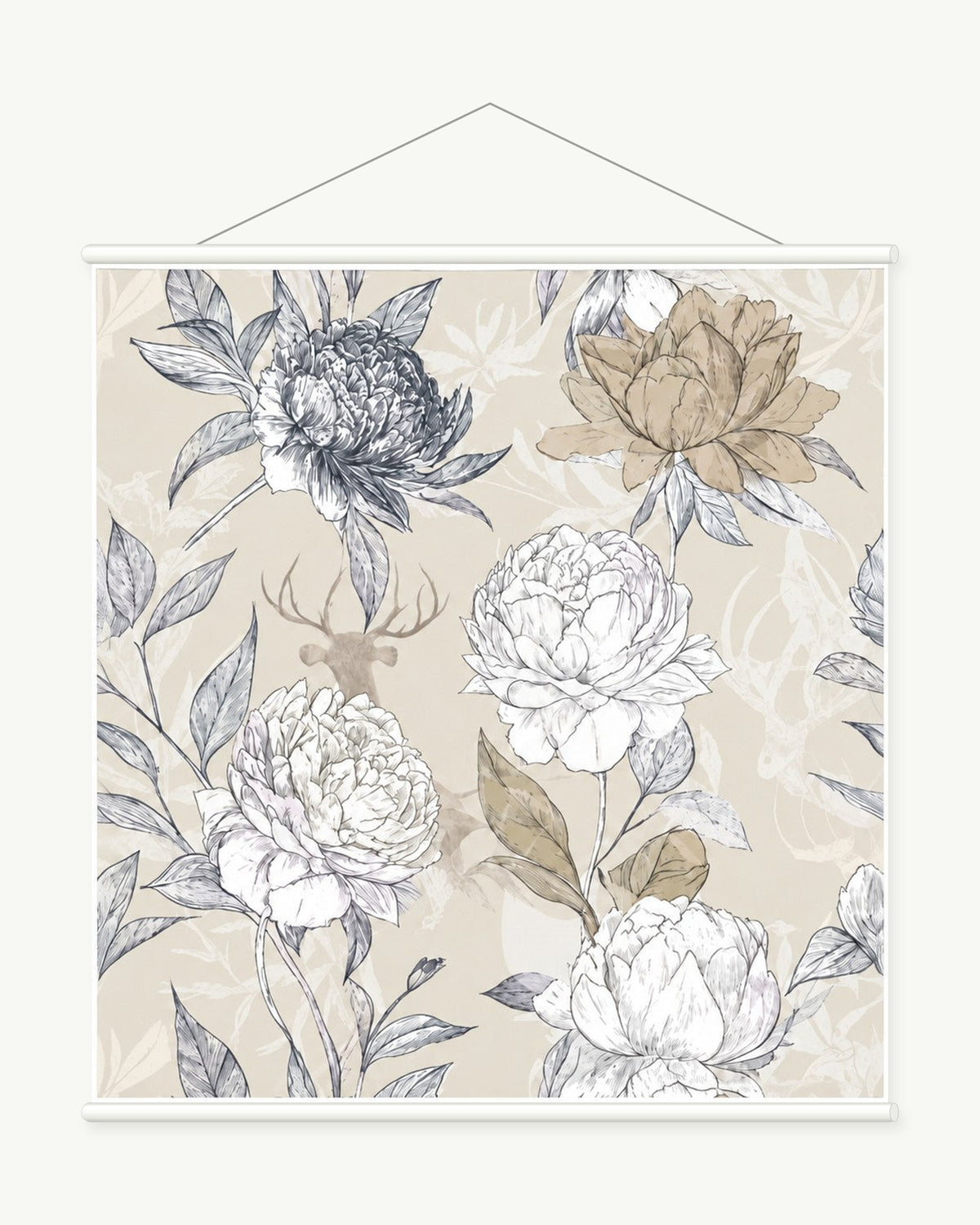 Faded Botanical Notes art print with included white cylindrical hanging rods
