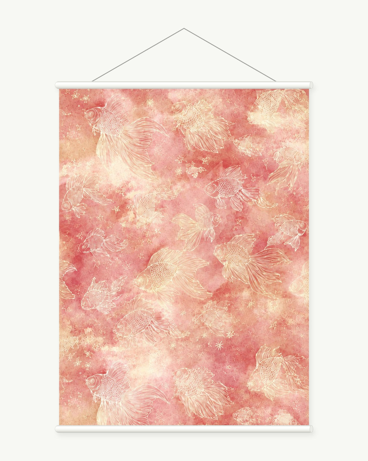 Fish in Rose Water art print with included white cylindrical hanging rods