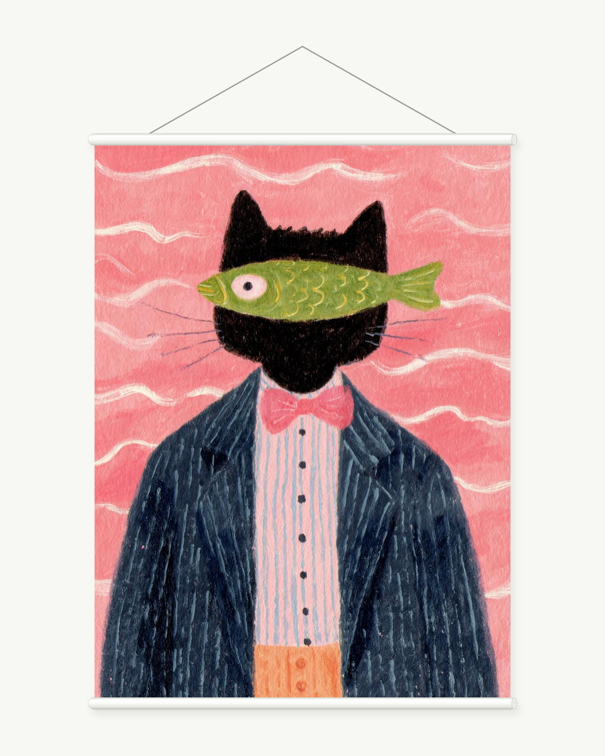 Fish Mask art print with included white cylindrical hanging rods